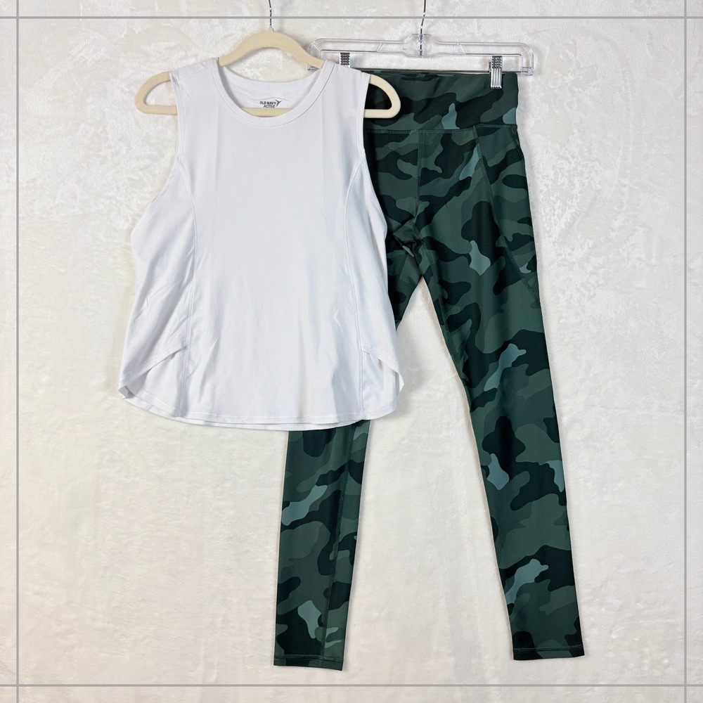 Old Navy Active Tank Leggings Set Kid XL 14-16 White Green Camo Excellent Outfit